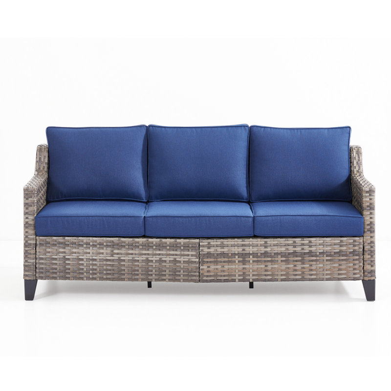 73.2" Outdoor Patio Sofa, 3-Seat Gray Rattan Couch With Blue Cushions Ideal For Balcony Or Porch, Blue