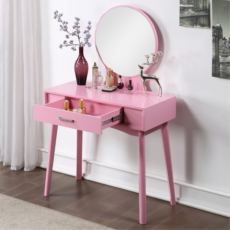 Maly Contemporary Wood Vanity And Stool Set, Pink, Pink