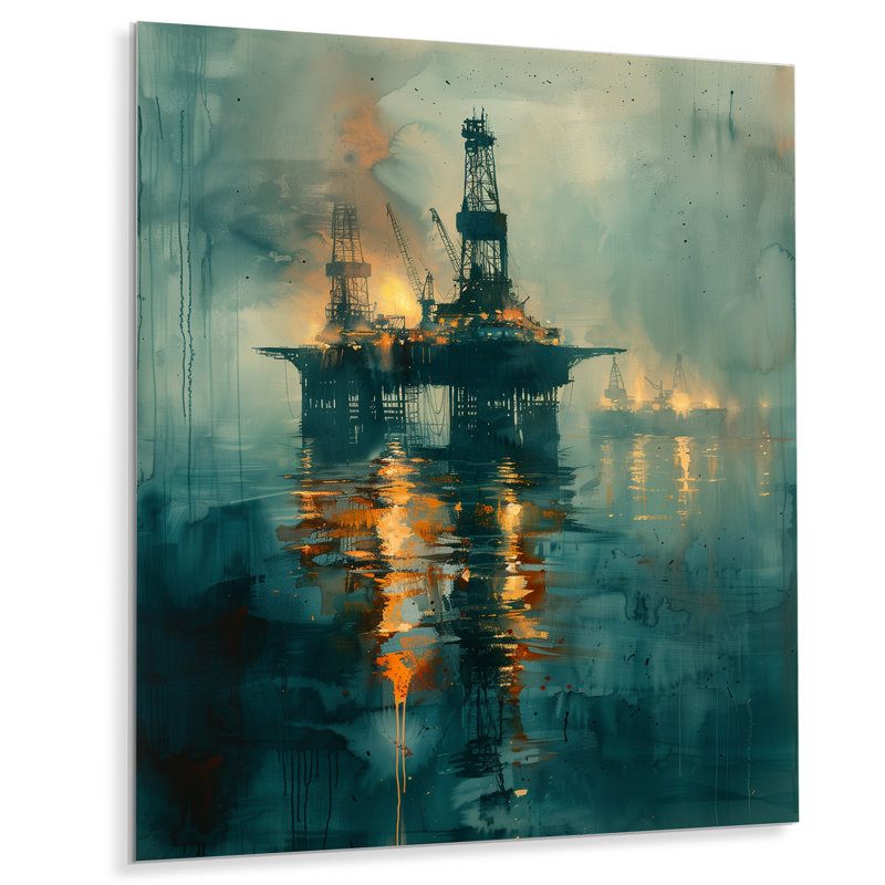 Plate-forme de pétrole bleue et jaune dans le golfe du Mexique, Métal métal, H 24 po x l 32 po x P 1 po