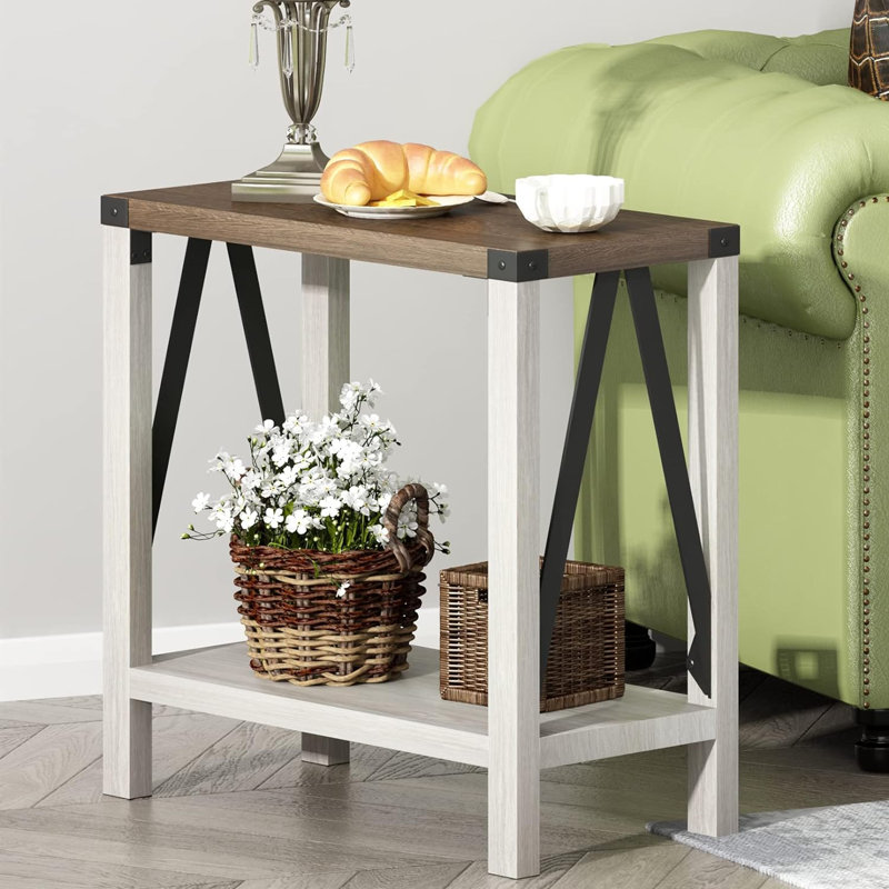White and Brown Farmhouse Rectangular End Table Set with Storage Shelf