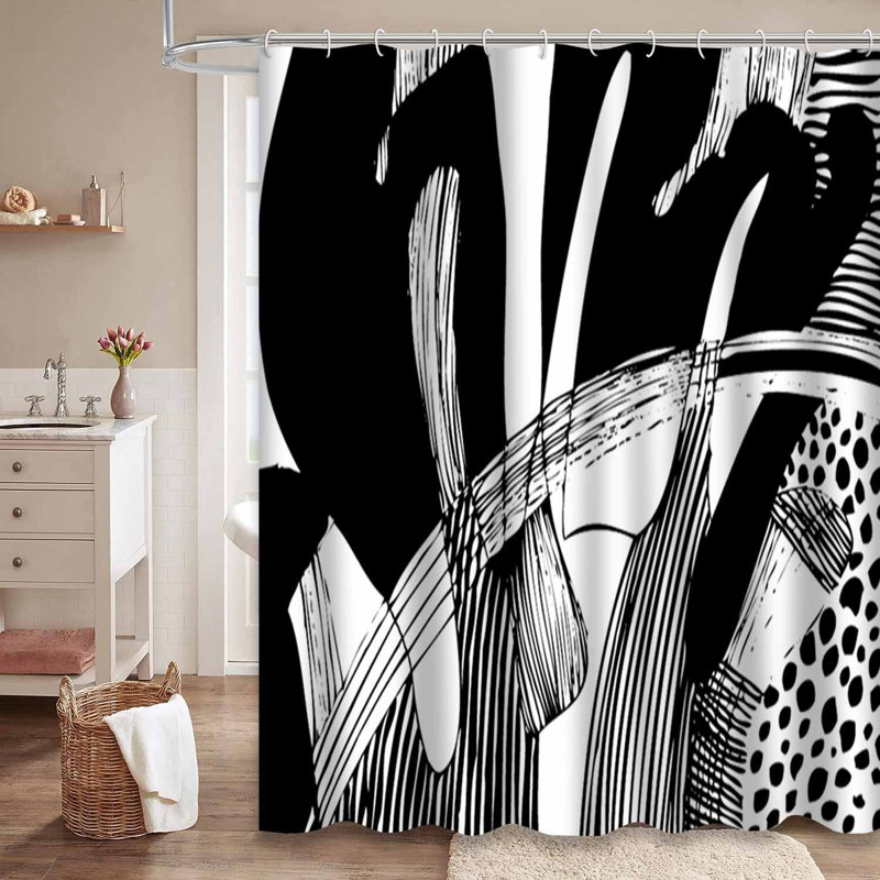 Rideau de douche abstrait abstrait noir et blanc avec 12 crochets, L 72 po x l 84 po
