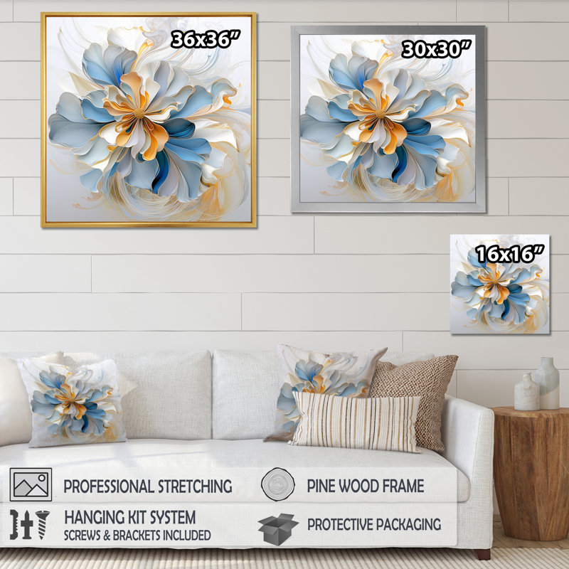 Abstrait fleur de magnolia blanc et bleu ambre I sur toile, Cadre flottant blanc, 24" H x 24" W