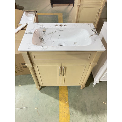 Meuble-lavabo en bois naturel de 76 cm (30 po) avec lavabo doré