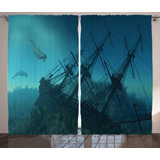 Nautical Underwater Sunken Ship Semi-Sheer Rod Pocket Curtain Panels