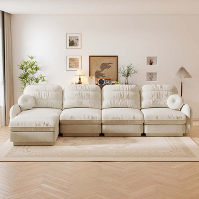 137" Wide Modern Cloud Sofa 4-Seater, Chenille with Quilted Backrest, with Movable Ottoman for living room, Cream Beige