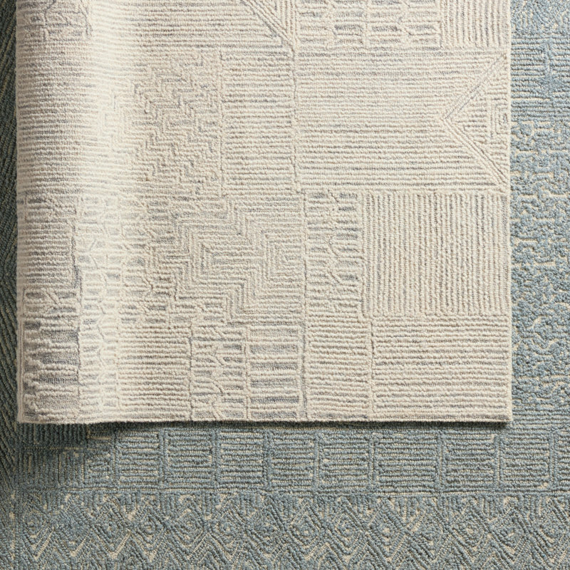 Tapis touffeté à la main à motif géométrique crème / gris clair Alexei, Rectangle 8 pi x 10 pi