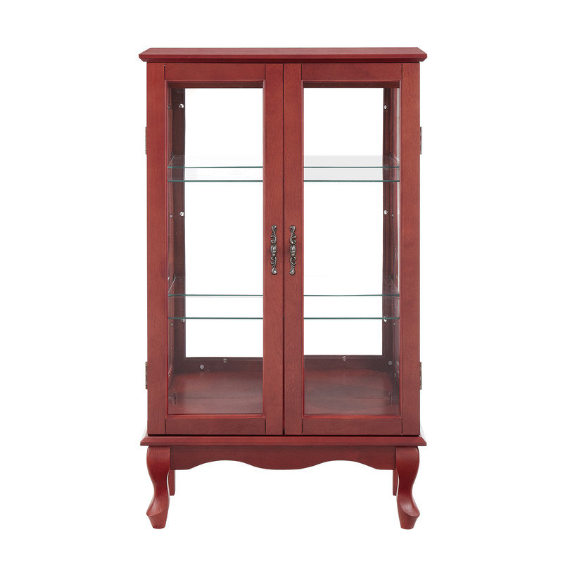 Dyisha Cherry 2-Door Lighted Curio Cabinet w/ Glass Doors, Mirrored Back, Adjustable Shelves, Cherry