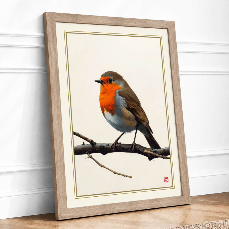 Robin on Branch Japandi - Framed Print, Oak, A4 - 29.7 x 21.0 cm