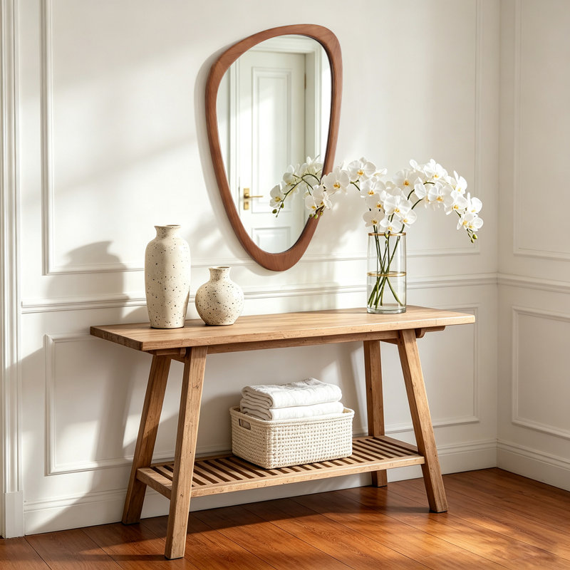 Cotesfield Solid Wood Asymmetrical Accent Mirror, 30.5" x 19", Walnut