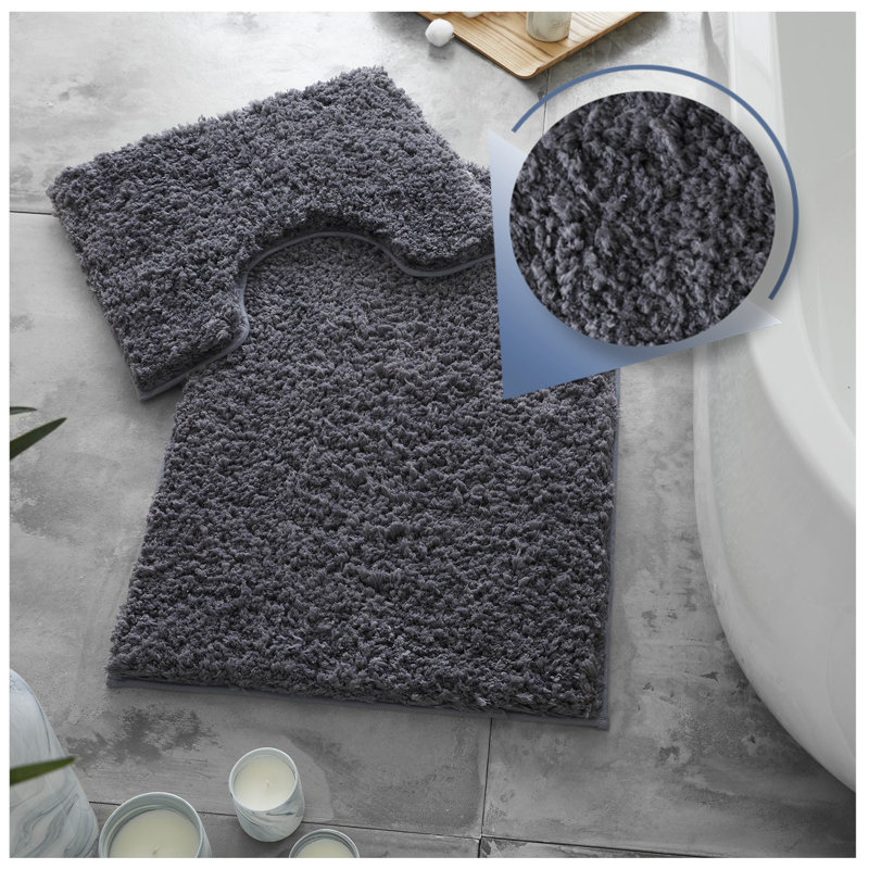 Luxury Zero Twist Bath Mat Set 2 Piece Plush Microfiber Bathroom Rug & Pedestal Mat Non Slip Absorbent Washable, Charcoal