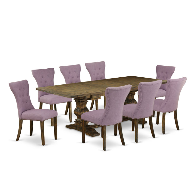 L'ensemble de salle à manger 9 pièces comprend une table de salle à manger rectangulaire avec rallonge amovible et 8 chaises rembourrées en lin Dahlia, patiné Jacobean