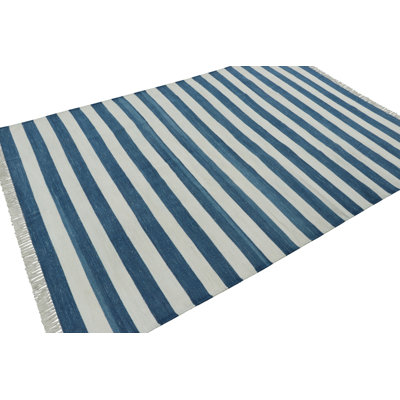 Rug & Kilim's Indian Dhurrie Rug In Cool, Coastal Navy Blue And White Stripes