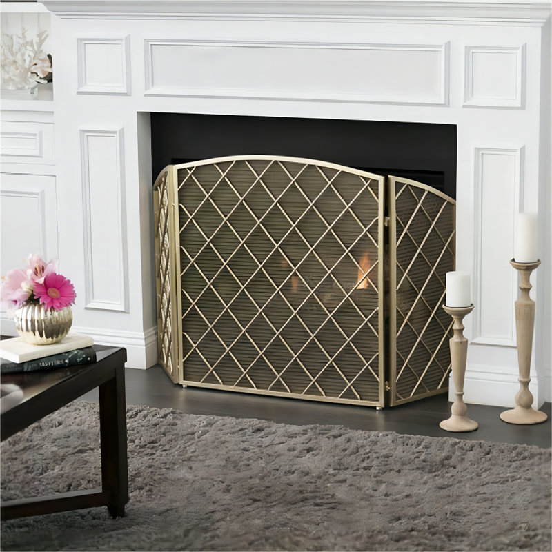 Mercer41 Akaiyah 3 Panel Iron Fireplace Screen Stand Alone, Foldable