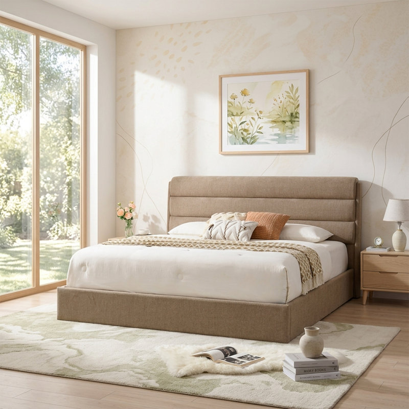 Lit plateforme tapissier avec rangement relevable, Très grand, Marron clair