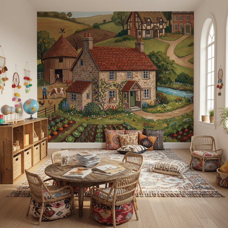 Papier peint paysage champêtre campagne, 100 po x 96 po, Peler et coller