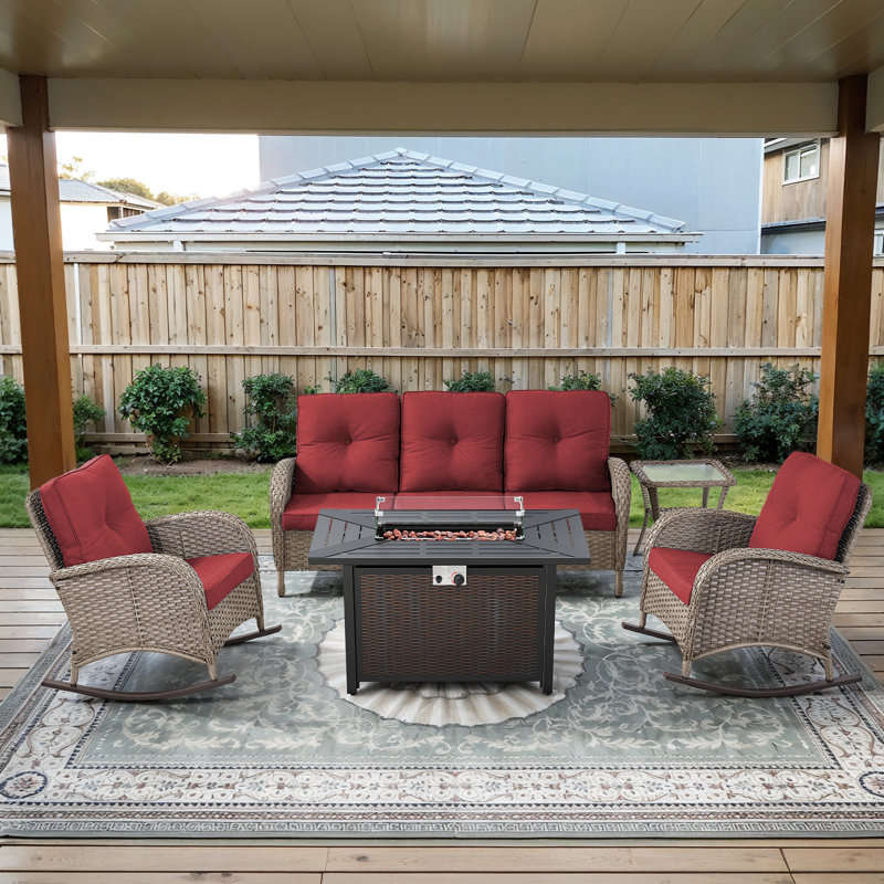 Ensemble de canapé d'extérieur en rotin 5 pièces avec chaises berçantes et foyer, Rouge