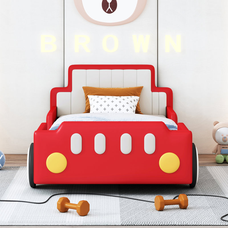 Structure de lit simple de voiture de course, lit plateforme pour enfants avec roues, conception en forme de voiture, rouge