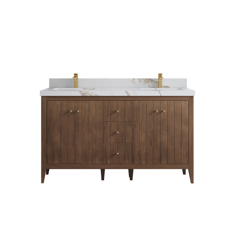 Atlanta Teak Double Bathroom Vanity with Calacatta Gold Top