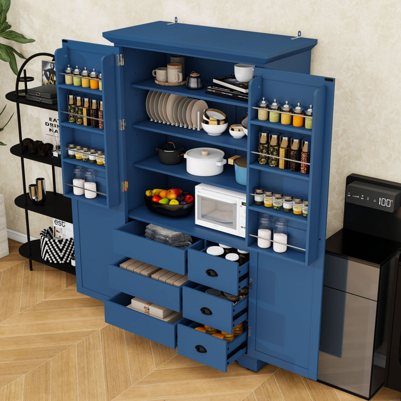 Garde-manger avec tiroirs, tablettes de porte et tablettes réglables, Bleu