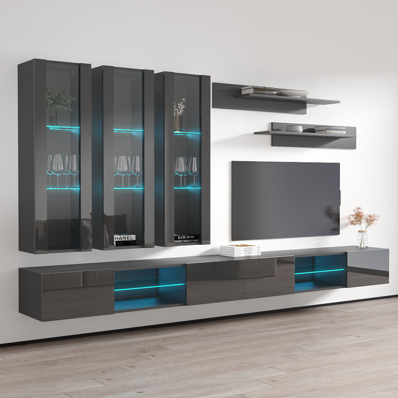Ballina 126" Modern Floating Wall Mounted Entertainment Center with 16-Color LED Lighting, High Gloss Finish, Gray