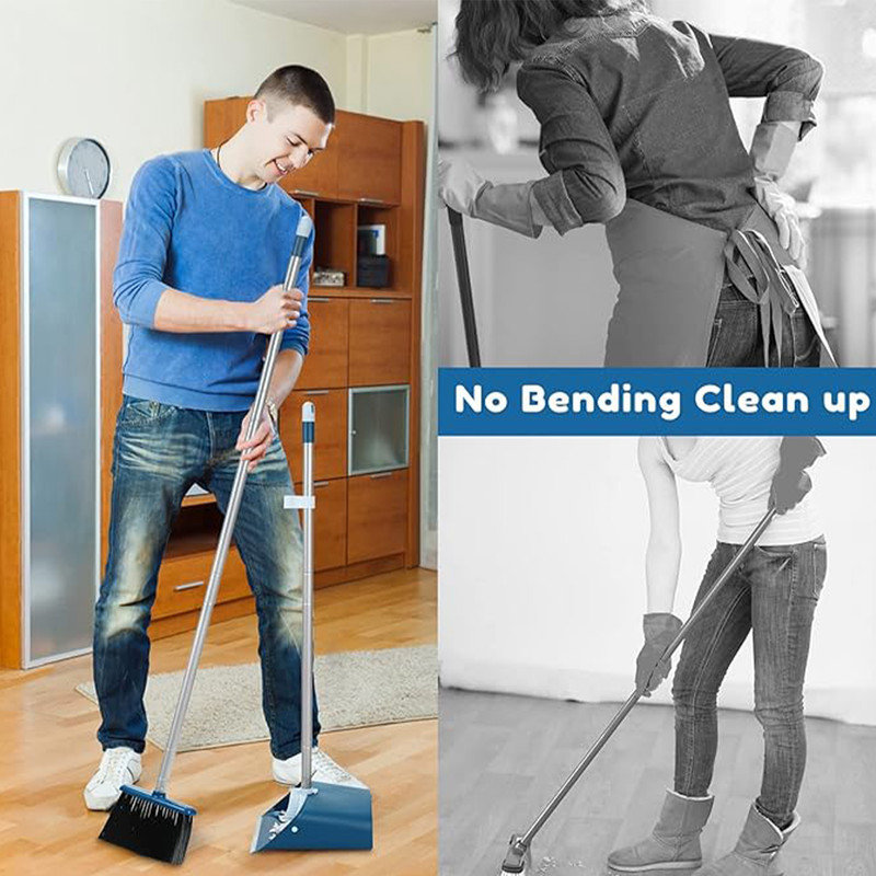 Blue Stainless Steel Long Handle Broom and Dustpan Set