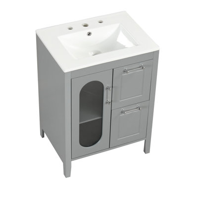 Armoire de meuble-lavabo 24 po en bois massif gris avec lavabo à deux tiroirs, tablette ajustable 24 po