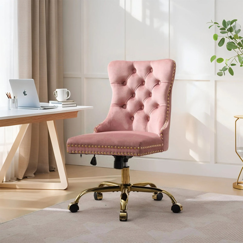 Fauteuil de bureau moderne capitonné en velours capitonné à boutons, fauteuil de bureau pivotant sans accoudoirs, Rose