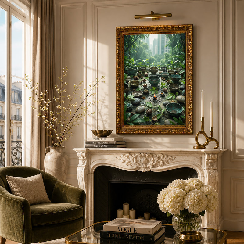 Art mural sur toile bronze avec bols et pierres dans la jungle urbaine, 36"H x 24"W