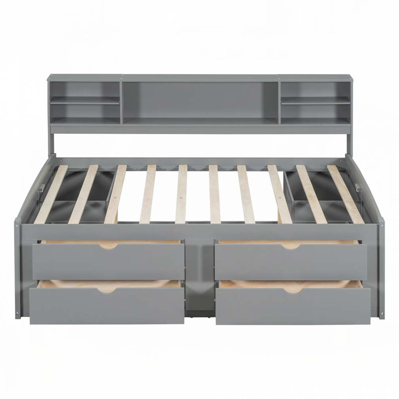Wood Daybed with 2 Bedside Cabinets, Upper Shelves and 4 Drawers, Gray