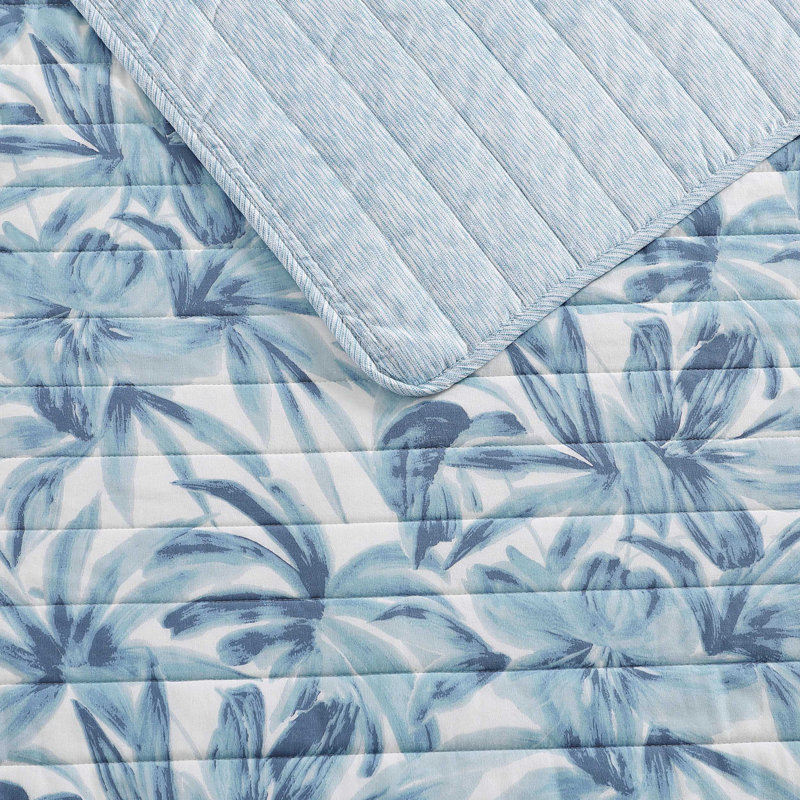 Tommy Bahama Aubrey Cotton Reversible Quilt Set, King Quilt + 2 King Pillow Shams, Blue Floral