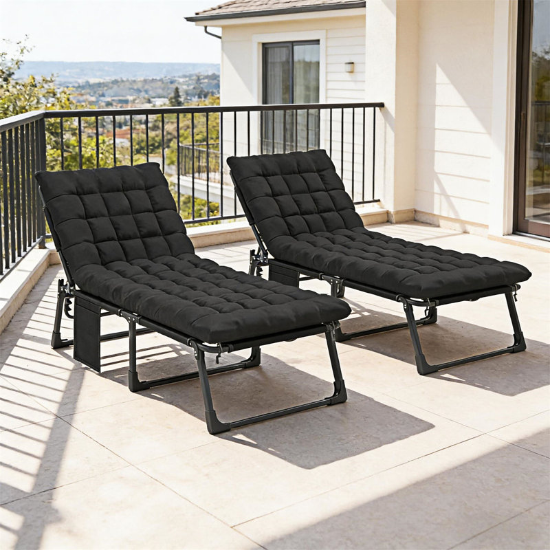 Folding Chaise Lounge Chair Tanning Chair Set Of 2, Black, 2