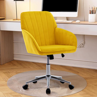 Chaise de bureau Ty avec coussin de soutien, base en or brillant, velours d'apparence jaune vif dans un jaune éclatant, offrant une base confortable