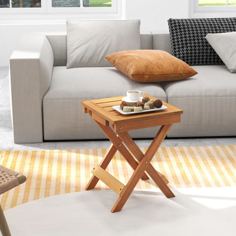 14 Inch Compact Folding Side Table With Slatted Tabletop