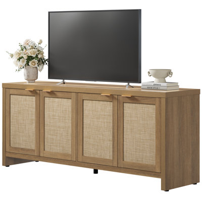 Boho TV Stand With 4 Rattan Storage Cabinets,  Farmhouse TV Entertainment Center For Tvs Up To 65''