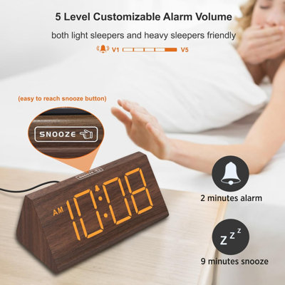 Réveils-matin numériques en bois pour chambre à coucher - Horloge de bureau électrique avec grands chiffres, port USB, alarme sonore pour les gros dormeurs, volume réglable, gradateur, répétition, heure d'été, décoration en bois, adaptateur
