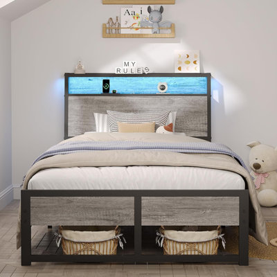 Ergonomic Headboard and Charging Station, Platform Metal Bed Frame with LED Lights, Heavy Duty Slats Support