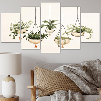 Hanging Houseplants Boho Botanical Watercolor V - Abstract Botanicals Wall Art Living Room - 5 Panels