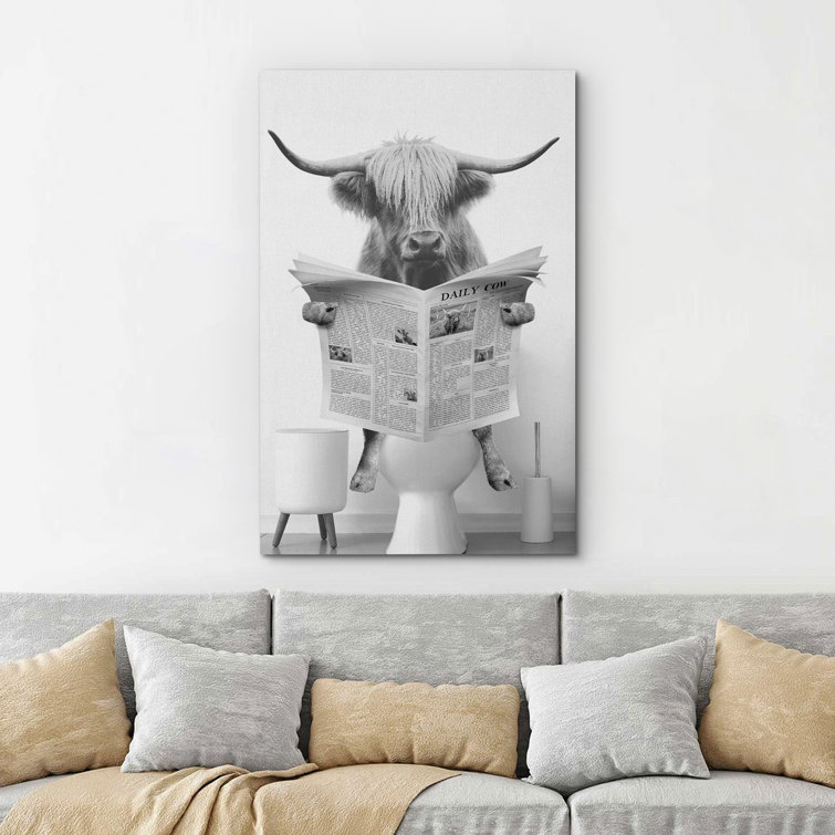 Funny Bathroom Decor Black and White Highland Cow Sit On Toilet Large Framed Canvas Print Wall Art