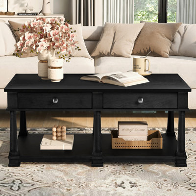 Farmhouse 45.3" Rectangular Coffee Table with Storage Drawers and Open Shelf, Cocktail Table with Solid Wood Legs for Living Room