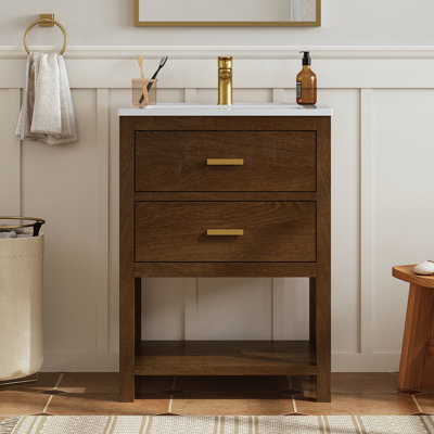 Meuble-lavabo simple en noyer de 25 po avec plateau en composite Aastha