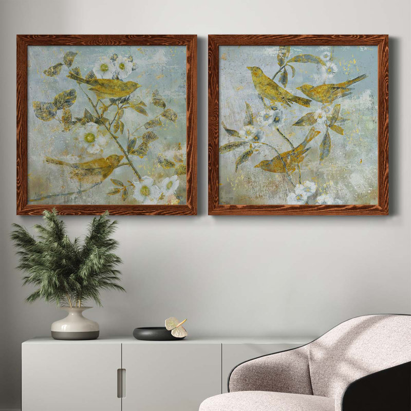 Aviaire jardin I - ensemble de 2 peintures sur toile encadrées, Cadre en érable, H 27,5 po x l 55 po x P 1,5 po