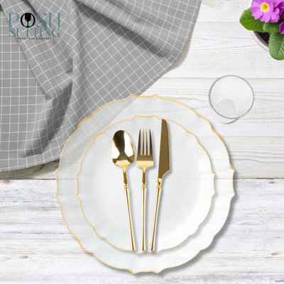 Posh Setting 280 Piece Transparent White And Gold Plastic Party Bundle - Luxe (40 Settings)