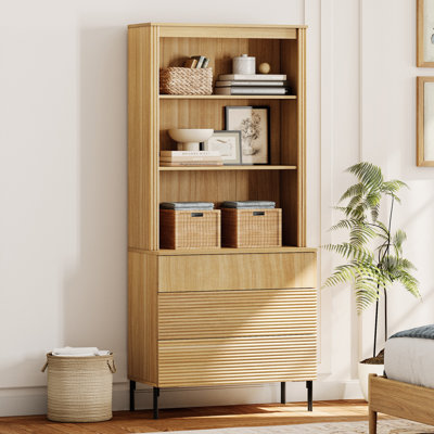 71.6" Tall Modern 3 Tier Bookcase With Storage Cabinet, Wooden Display Cabinet With Fluted Drawers And Adjustable Shelves, Versatile Bookshelf For Living Room, Study, Office