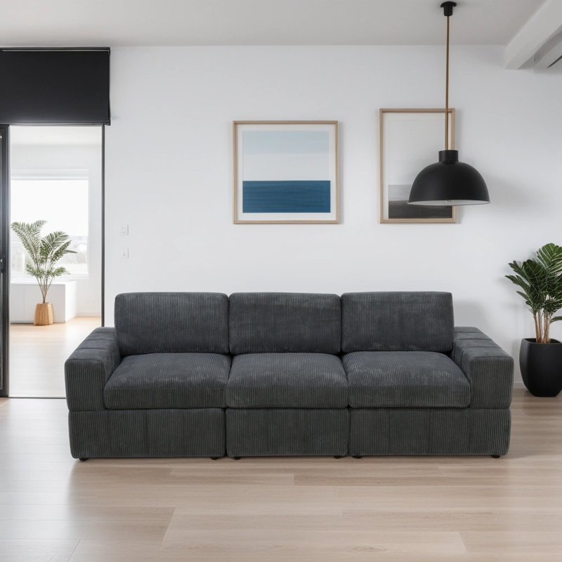 Canapé modulaire 3 pièces en tissu de qualité supérieure, Velours côtelé gris foncé, H 37 po x l 104 po x P 36 po