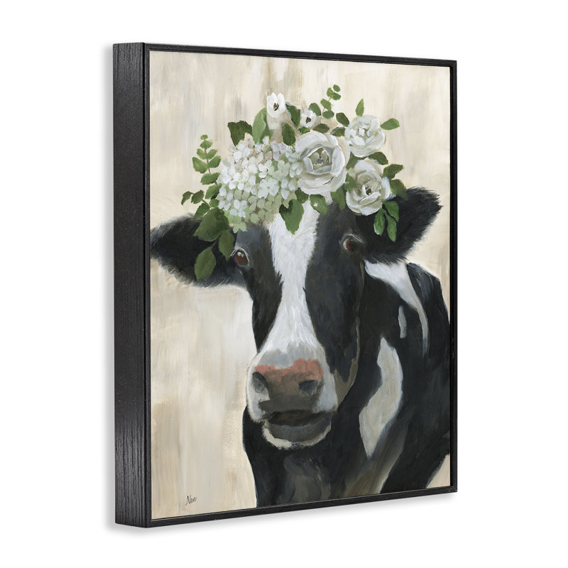 «Floral Crown Cow», art de la giclée encadrée par Nan, Giclée encadrée noir minuit, H 20 po x l 16 po