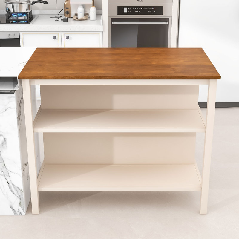 Grian Classic Rubber Wood Kitchen Island with Open Shelving and Spacious Tabletop, Cream White