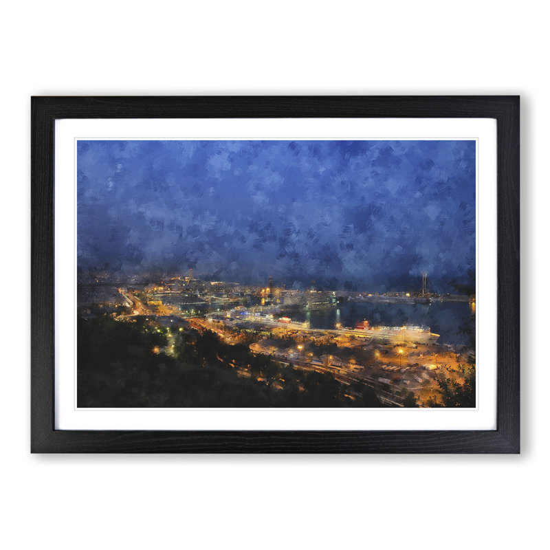 Barcelona Skyline - Picture Frame Painting, 27cm H x 36cm W x 2cm D, Black Framed