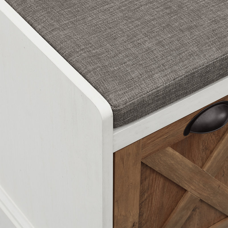 Kenia Linen Upholstered Storage Bench, White/Reclaimed Barnwood/Gray