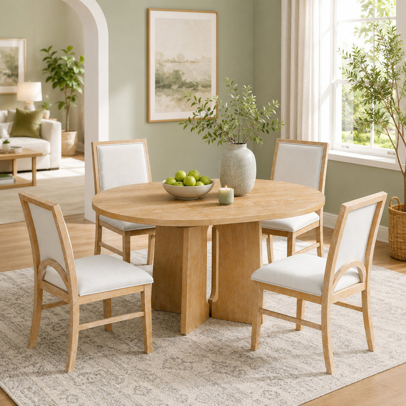 Table de salle à manger ronde extensible avec chaises rembourrées, naturel, Natural