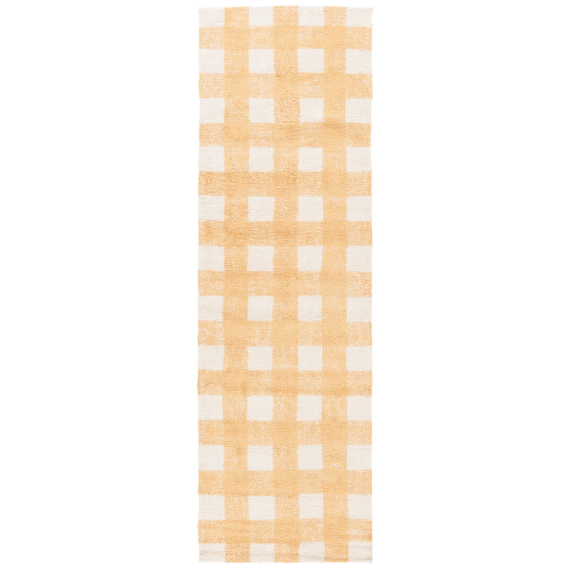Tapis jaune / blanc en coton tissé à plat à la main Briaroaks, Tapis de couloir 2 pi 3 po x 8 pi